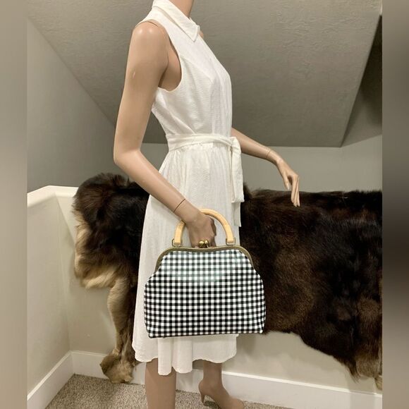 Handmade Genuine Leather Black & White Check Printed Wood Handle Satchel Bag - Picture 4 of 15